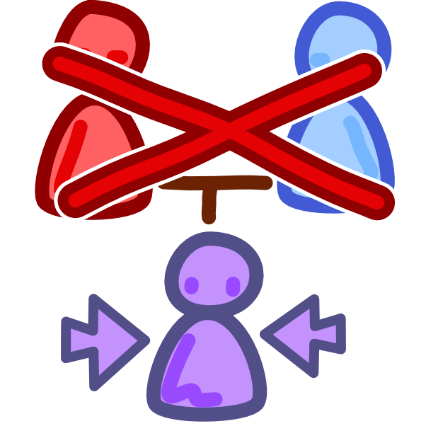 A red figure and a blue figure sit next to each other with a Capital T shape connecting them and pointing down at a smaller purple figure. The smaller purple figure has purple arrows pointing at it from either side, and the two larger figures are crossed out with a red X.